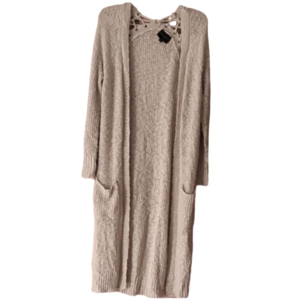 Absolutely Creative Worldwide New York Tan Lace Up‎ Long Open Cardigan Sweater